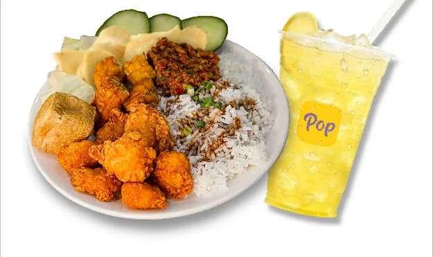 Popcorn Ayam Gepuk Sambal Gajus + Hard Boil Egg + Iced Lemonade