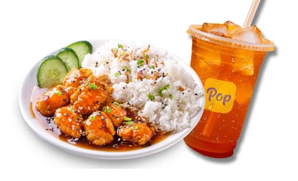 Honey Soy Sesame Chicken + Iced Peach Tea